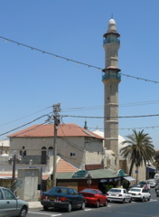 Restaurant in Jaffa where Ann and Robert had lunch, with Mineret and Mosque beyond (rw)