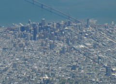 Almost home - downtown San Francisco from our plane, Bay Bridge at the top, St. Mary's Cathedral at the bottom (rw)
