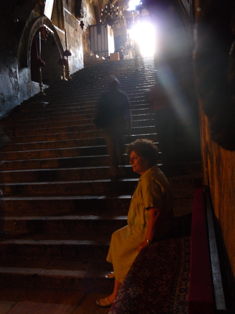 Lilian on the steps of the Tomb of the Virgin Mary (rw)