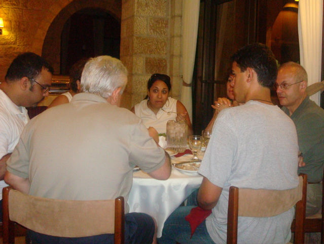 Dinner at Notre Dame Jerusalem Center ] Bill, Karim, Nina, Nicole, Rowida, George, Paul (sy)