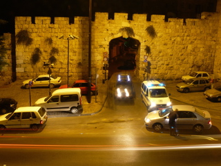 2am night police checkpoint for cars on road passing New Gate of Old Jerusalem, 1 of 5 (rw)