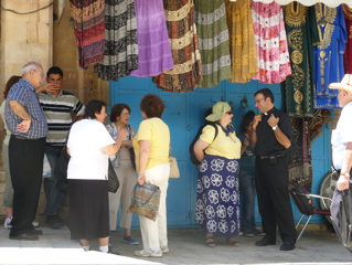 Subi, Paul, oum Fadi, Wibab, Lilian, Ann, Father Samer, and George in the market, Old Jerusalem (rw)