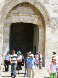 Paul, Minerva, Natalia, Fuad, Suad coming out of Jaffa Gate (rw)