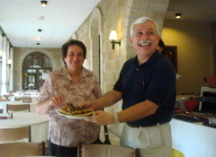 oum Fadi and Bill for breakfast at Notre Dame Jerusalem Center (sy)