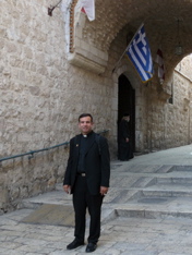 Father Samer at the Jerusalem Patriarchate (rw)