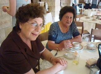 Lilian and Rowida having coffee at Notre Dame Jerusalem Center (sy)