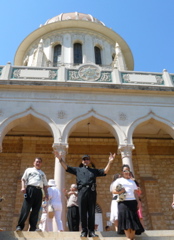 Fuad, Father Samer, and Ursula leaving the Baha'i Shrine of the Bab in Haifa (rw)