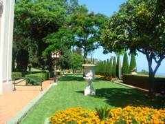 Beautiful lawn, trees, and flowers in the gardens of the Baha'i Shrine of the Bab in Haifa (hs)