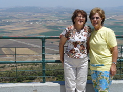 Widad and Suad at Muhraka on El Carmel, with Mount Tabor in the far distance (rw)