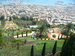 Haifa Harbor, the Baha'i Shrine of the Bab, and its gardens (hs)