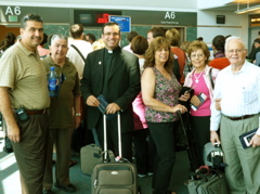 David and his dad Edmond, Father Samer, Alma, Suad and Fuad waiting to get on the Air France flight to Paris (rw)