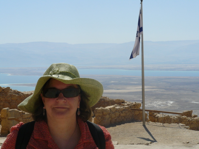 Ann on Masada, with Dead Sea beyond (rw)