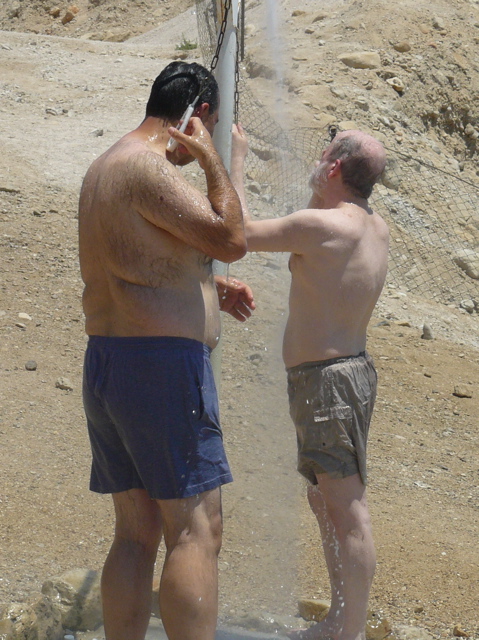David and Robert washing off the Dead Sea salt (aw)