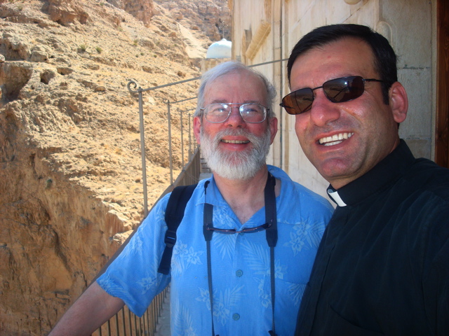 Robert and Father Samer on a balcony of the Monastery of Temptation (sy)
