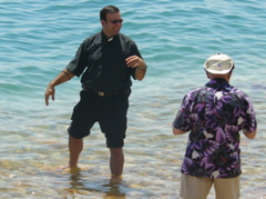 Father Samer and Fuad in the Dead Sea (rw)