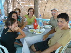Natalia, Ursula, Rowida, George, and Paul at Al Rawdah Restaurant in Jericho (rw)
