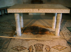 Byzantine mosaic of loaves and fishes, and the rock where they were divided, in Church of the Heptapagon, Galilee (sy)