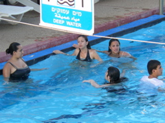 Nicole, Natalia, Ursula, Hope, and Paul in deep water at the Golan Hotel Tiberias (rw)