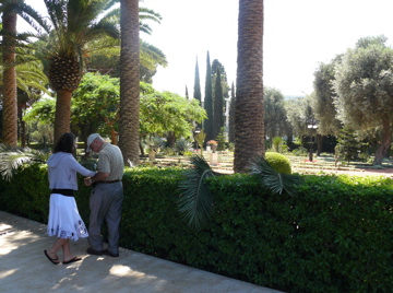 Rowida and George in the beautiful gardens at the Baha'i Shrine of the Bab in Haifa (rw)