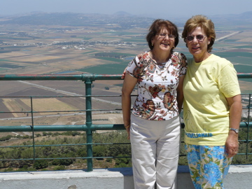 Widad and Suad at Muhraka on El Carmel, with Mount Tabor in the far distance (rw)