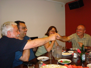 Bill, Karim, Rowida, and George at dinner at the New Grand Hotel in Nazareth (sy)